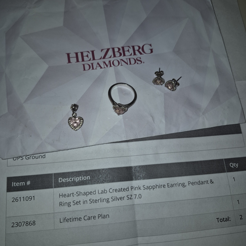 Helzberg Diamonds Pink Heart Sapphire Pendant, Ring & Studs Set
